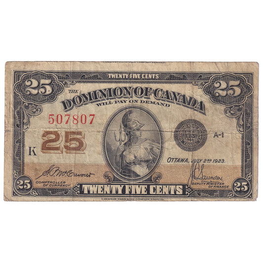 DC-24c-E25a-i 1923 Dominion 25-cent Shinplaster, McCavour-Saunders, Cut Off Size, VG-F