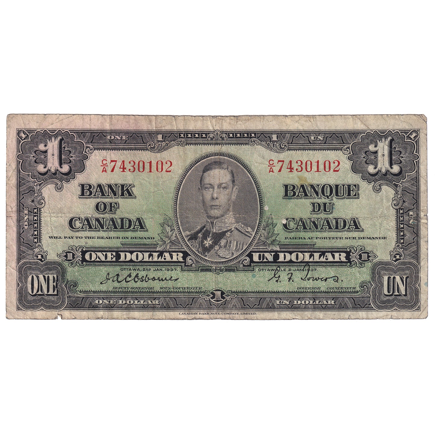 BC-21a 1937 Canada $1 Osborne-Towers, C/A, F (tears)