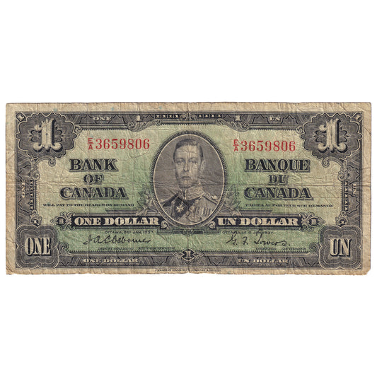 BC-21a 1937 Canada $1 Osborne-Towers, E/A, VG (back is worn)