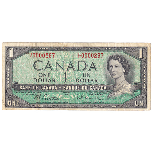 BC-37b-i-N5-iv 1954 Canada $1 Beattie-Rasminsky, Low Serial # H/F0000297, VF