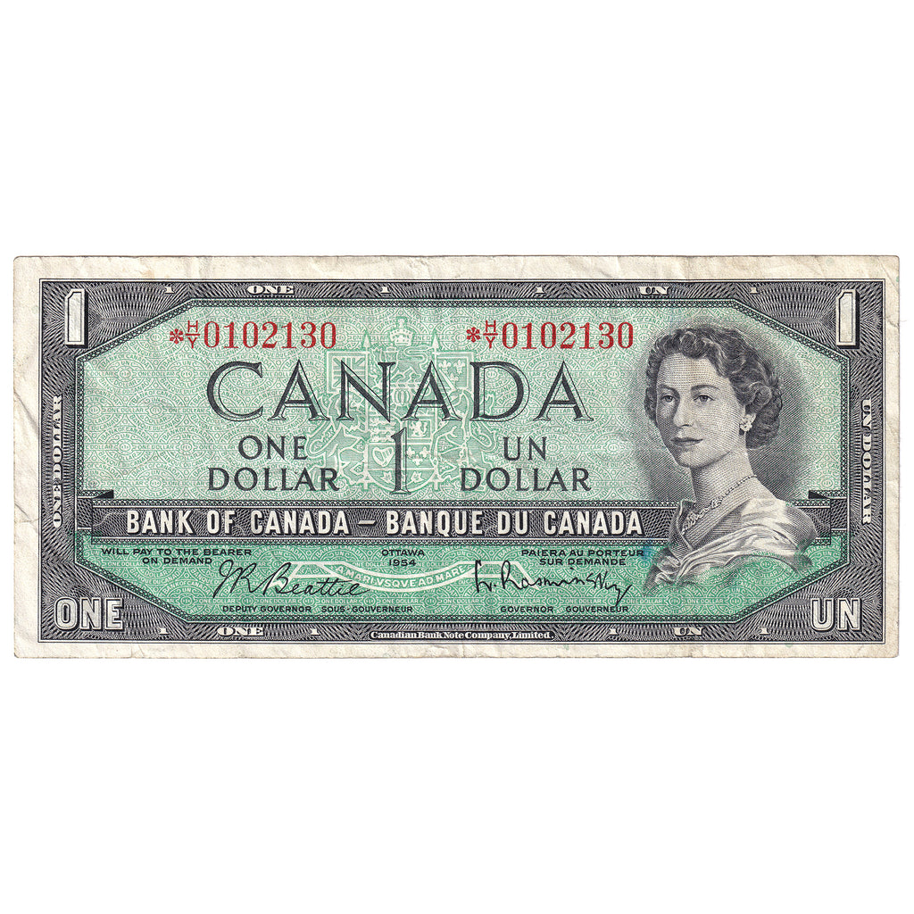 BC-37bA 1954 Canada $1 Beattie-Rasminsky, *H/Y, VF (stain)