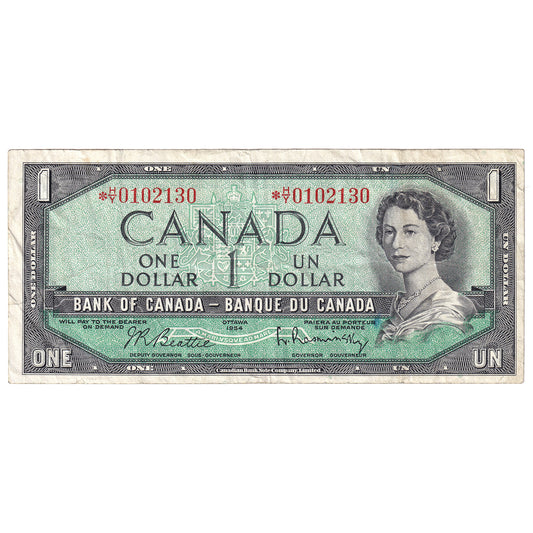 BC-37bA 1954 Canada $1 Beattie-Rasminsky, *H/Y, VF (stain)