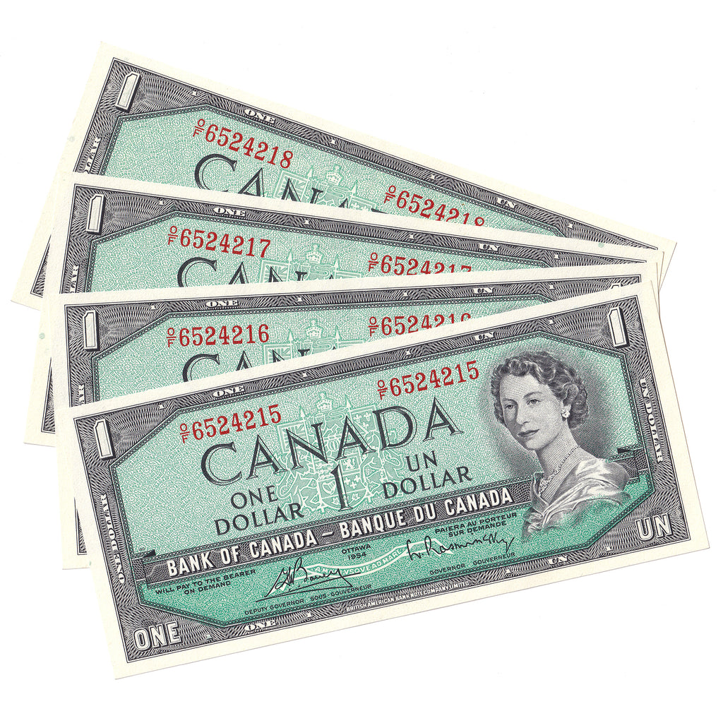 Lot of 4x Sequential BC-37c 1954 Canada $1 Beattie-Rasminsky, O/F 4Pcs.