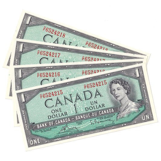 Lot of 4x Sequential BC-37c 1954 Canada $1 Beattie-Rasminsky, O/F 4Pcs.