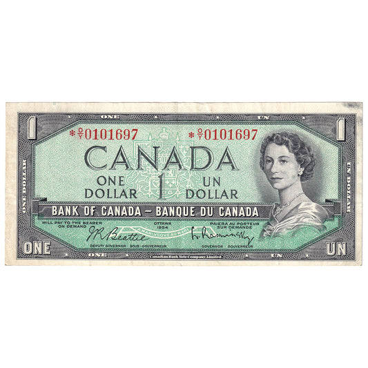 BC-37bA 1954 Canada $1 Beattie-Rasminsky, *O/Y, VF-EF (stain)