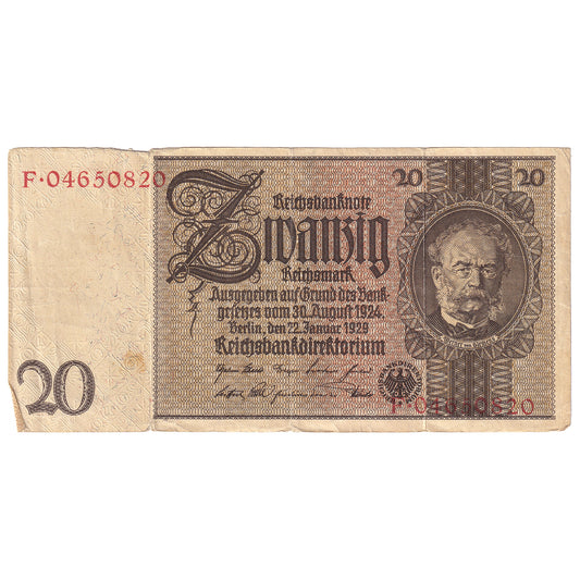 Germany 1929 (1945) 20 Reichsmark Note, Pick #181b, VF (tears)