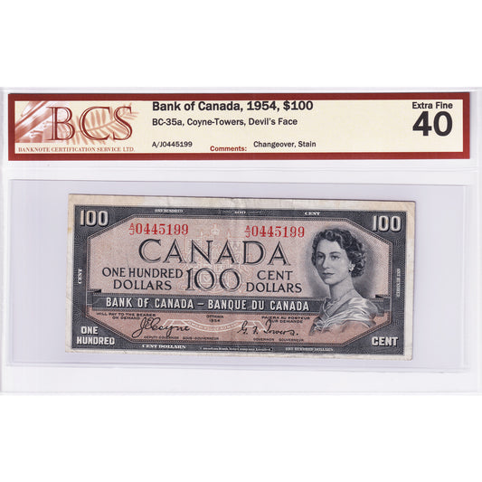 BC-35a 1954 Canada $100 C-T, Devil's Face, Changeover, A/J BCS Certified EF40 (Stain)