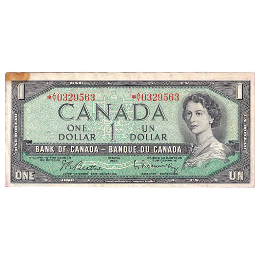 BC-37bA 1954 Canada $1 Beattie-Rasminsky, *A/Y, EF (stains)