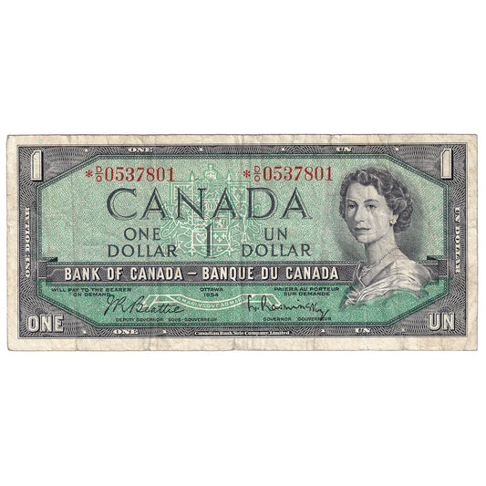 BC-37bA 1954 Canada $1 Beattie-Rasminsky, *D/O, F (tear)