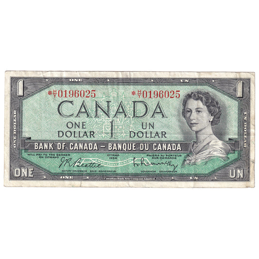 BC-37bA 1954 Canada $1 Beattie-Rasminsky, *H/Y, VF (tear)