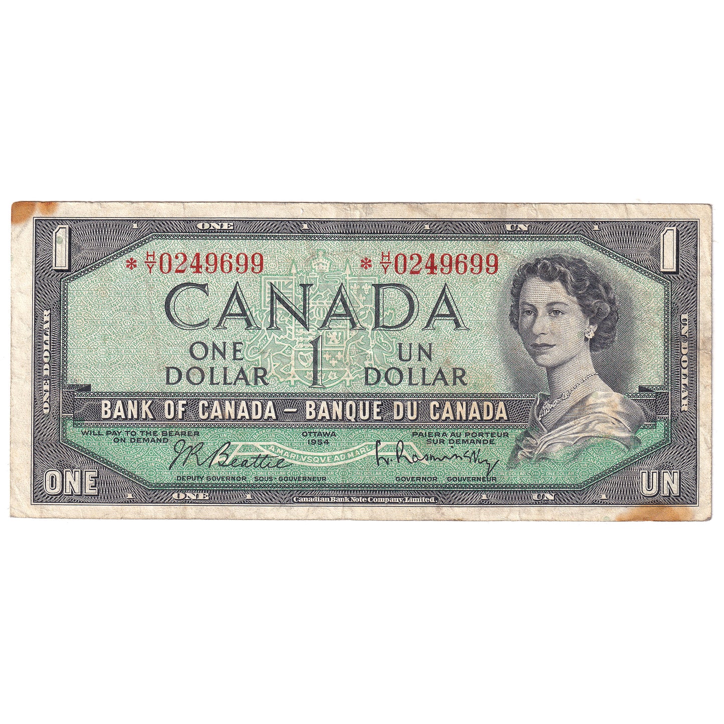 BC-37bA 1954 Canada $1 Beattie-Rasminsky, *H/Y, F-VF (stains)