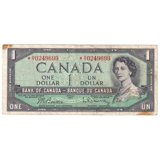 BC-37bA 1954 Canada $1 Beattie-Rasminsky, *H/Y, F-VF (stains)