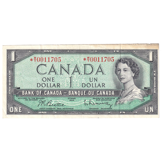 BC-37bA 1954 Canada $1 Beattie-Rasminsky, *M/Y, VF-EF (stain)