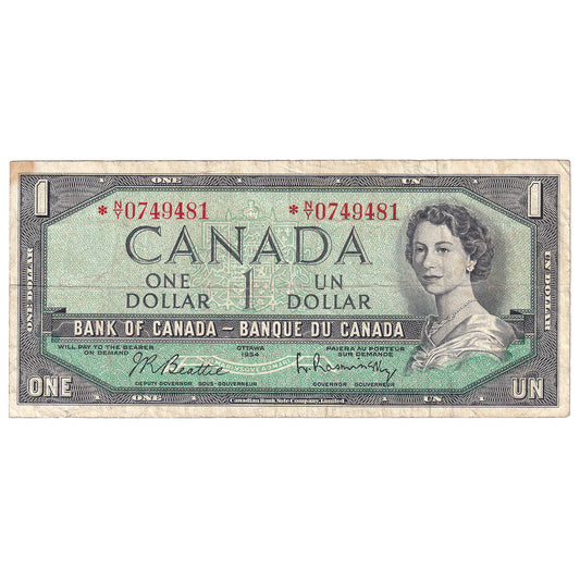 BC-37bA 1954 Canada $1 Beattie-Rasminsky, *N/Y, VF (stain)