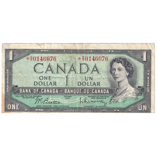 BC-37bA 1954 Canada $1 Beattie-Rasminsky, *O/Y, VF (stain)