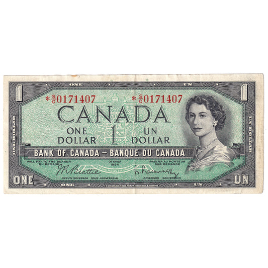 BC-37bA 1954 Canada $1 Beattie-Rasminsky, *S/O, EF (stain)