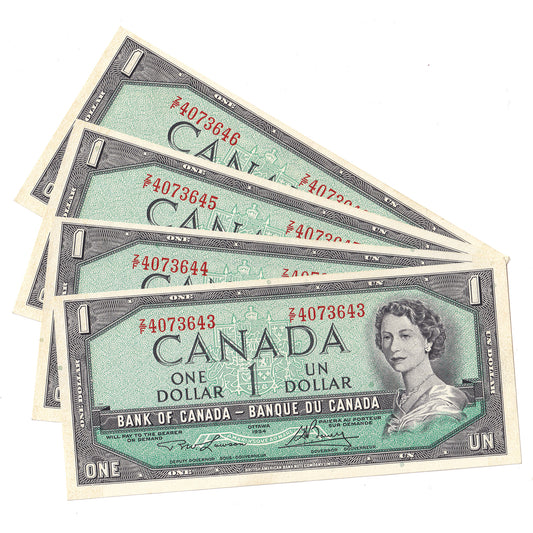 Lot of 4x Sequential BC-37d 1954 Canada $1 Lawson-Bouey, Z/F, 4 Pcs.