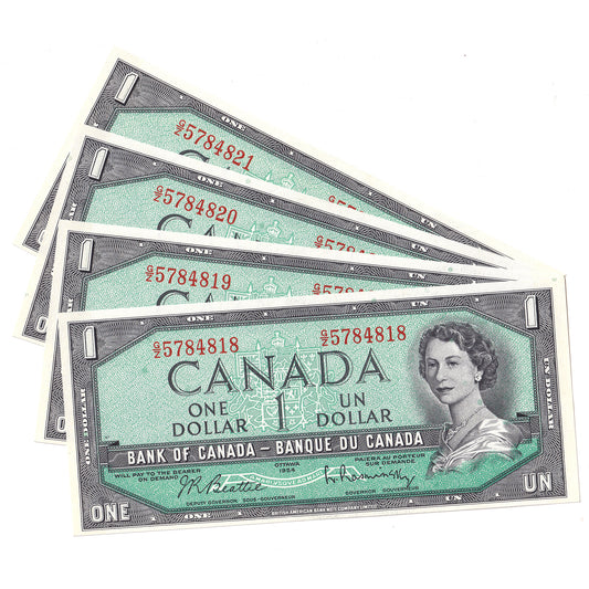 Lot of 4x Consecutive 1954 Canada $1 Notes, Beattie-Rasminsky, G/Z, 4Pcs.