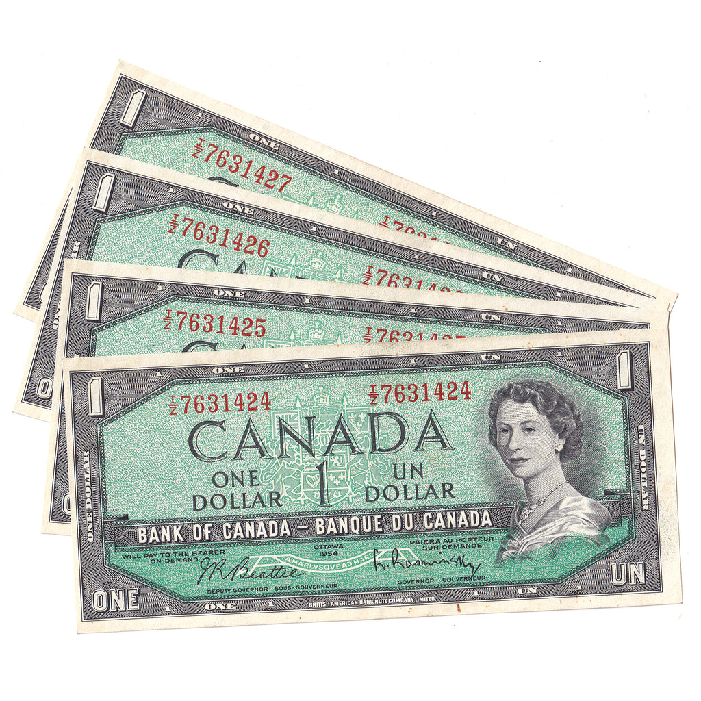 Lot of 4x Consecutive 1954 Canada $1 Notes, Beattie-Rasminsky, I/Z, 4Pcs.