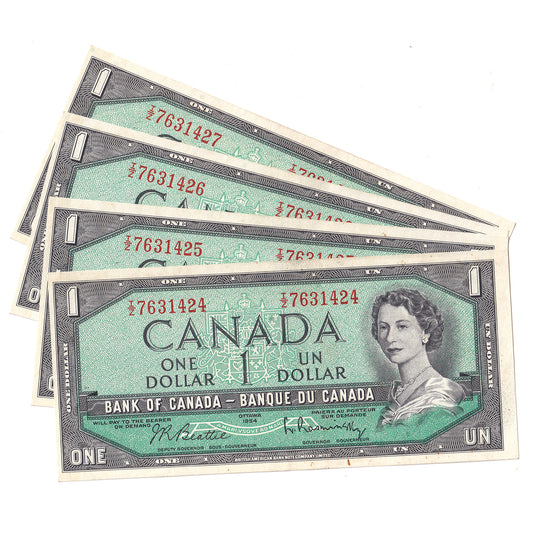 Lot of 4x Consecutive 1954 Canada $1 Notes, Beattie-Rasminsky, I/Z, 4Pcs.