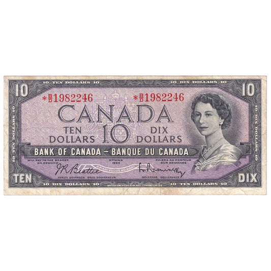 BC-40bA 1954 Canada $10 Beattie-Rasminsky, *B/D, VF, (stain)