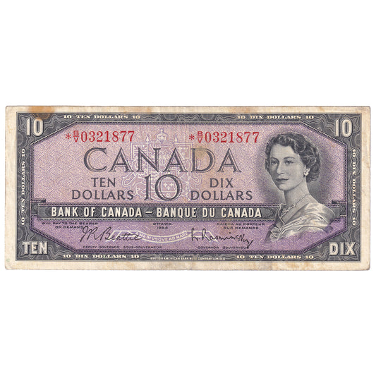 BC-40bA 1954 Canada $10 Beattie-Rasminsky, *B/V, F-VF, (stains)