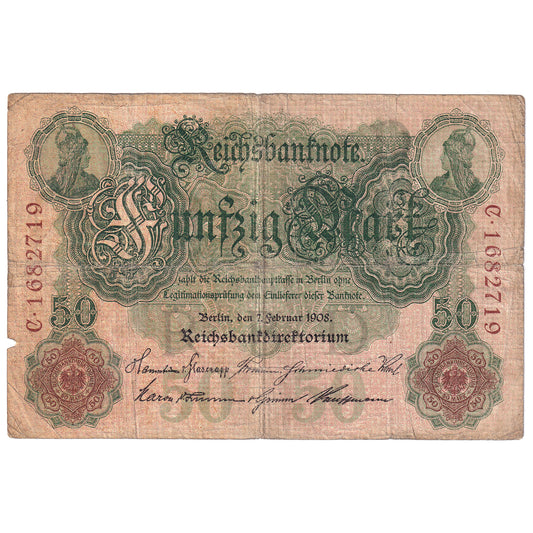 Germany 1908 50 Mark, Pick #32, VG (dam'g)