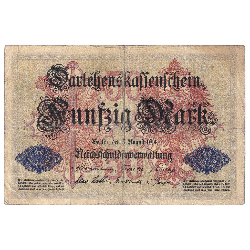 Germany 1914 50 Mark Note, Pick #49a, 6 Digit, VG (holes)