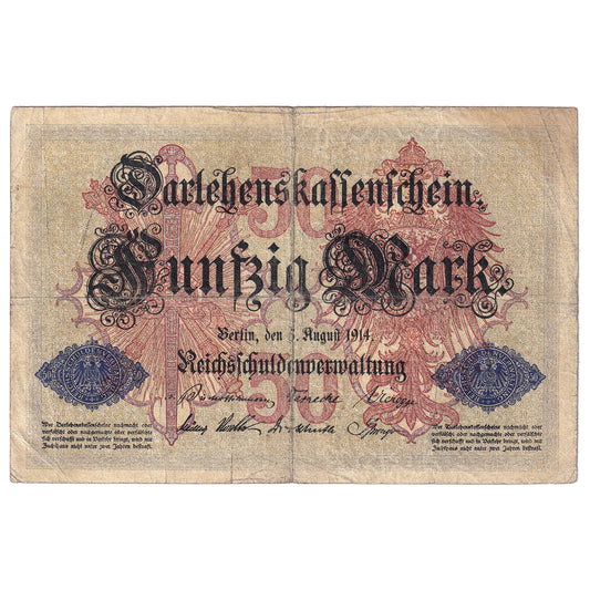 Germany 1914 50 Mark Note, Pick #49a, 6 Digit, VG (holes)