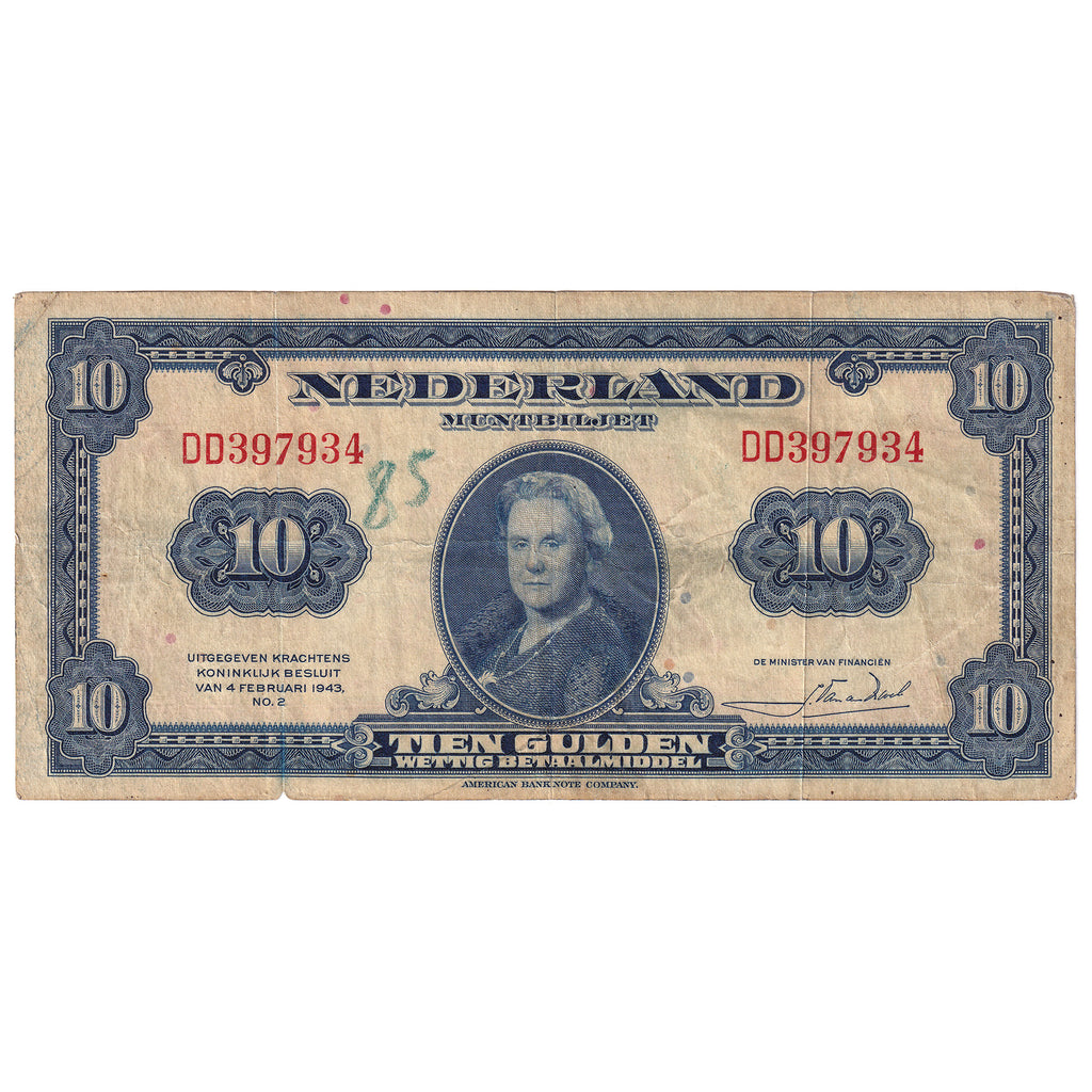 Netherlands 1943 10 Gulden Note, Pick #66a, VF (writing)