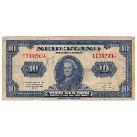 Netherlands 1943 10 Gulden Note, Pick #66a, VF (writing)