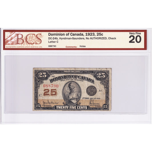 DC-24b 1923 Dominion 25-cent, H-S, No AUTHORIZED, Check C, BCS Cert. VF20 (Holes)
