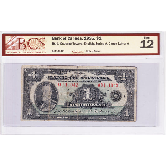BC-1 1935 Canada $1 Osborne-Towers, English, Series A, Check A, BCS Cert. F-12 (imp'd)