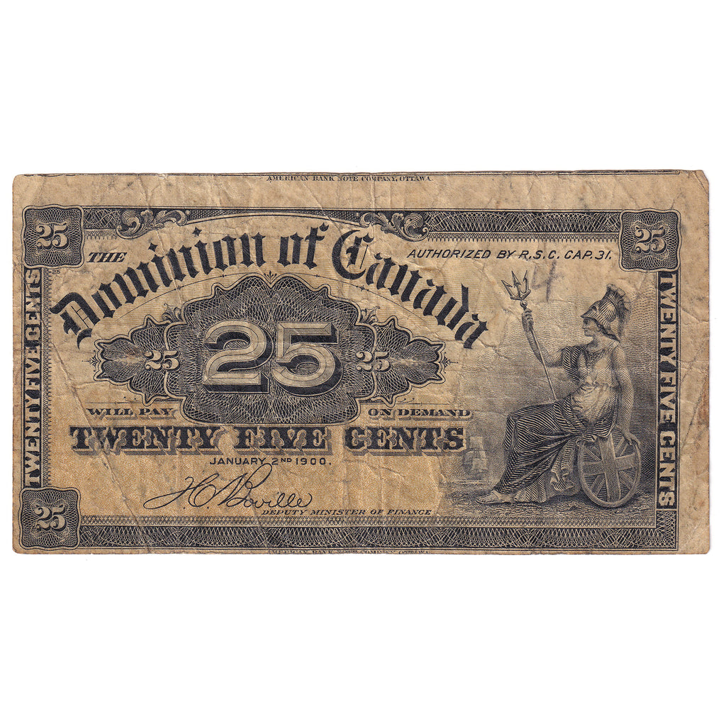 DC-15b-E25a-i 1900 Dominion 25-cent Shinplaster, Boville, F (Cut off Size)