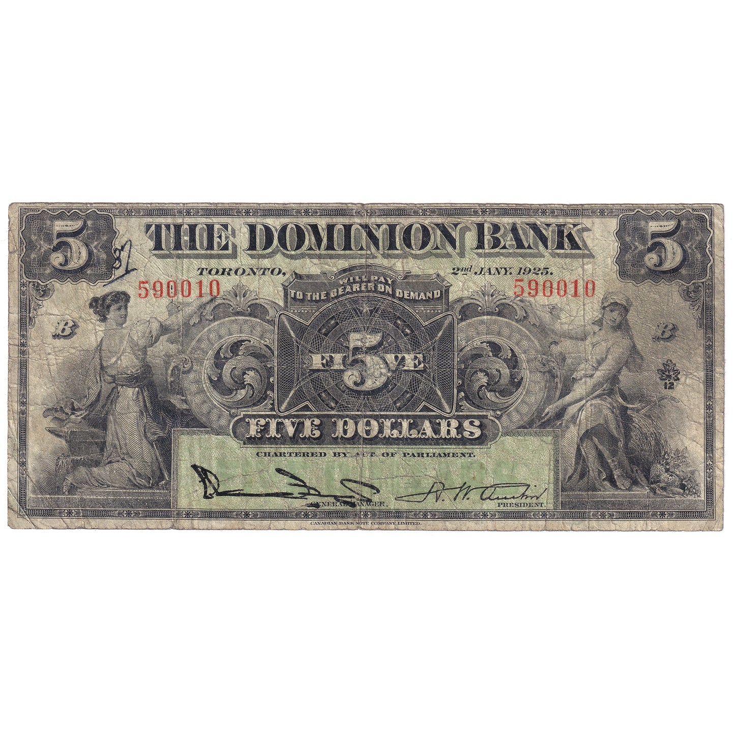 220-16-14 1925 Dominion $5 Bogert-Austin, VG (writing)