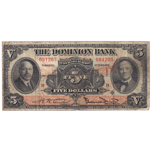220-24-02 1931 Dominion Bank $5, VG (writing)