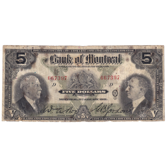 505-58-02 1931 Bank of Montreal $5 Bog-Gordon, VG-F (dam'g)