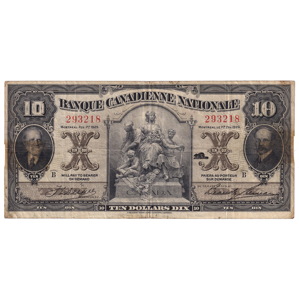 85-12-04 1929 Banque Canadienne Nationale $10 Wilson-Leman, VF (tape)