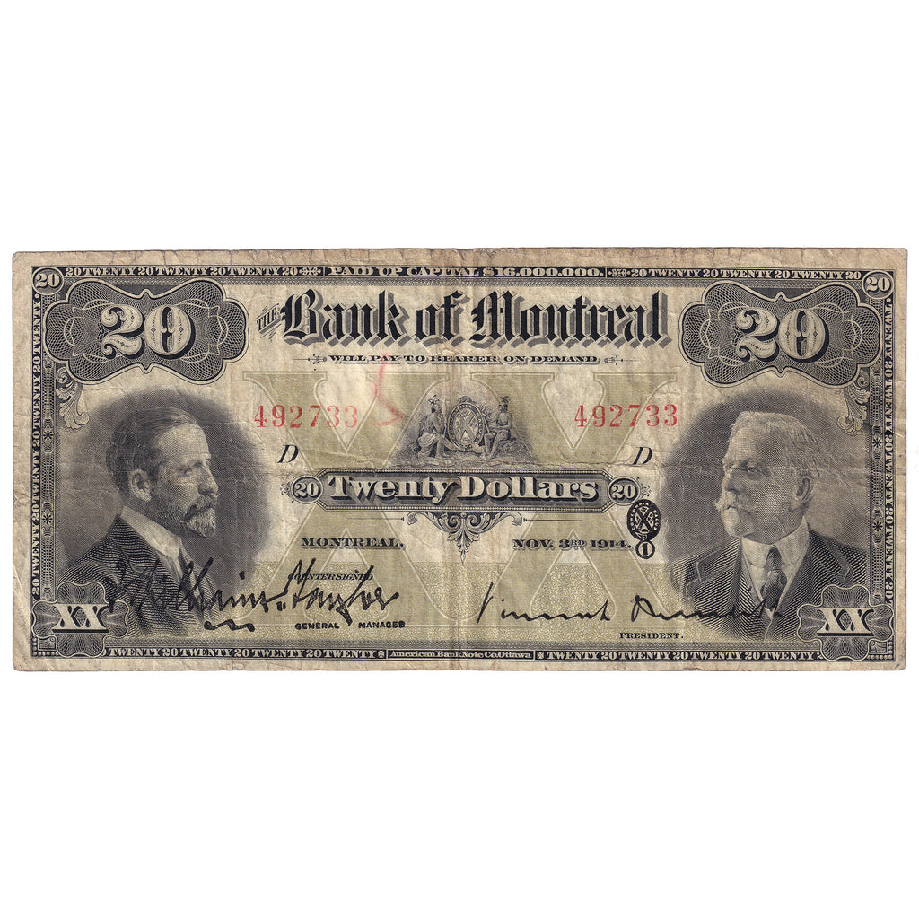 505-54-12 1914 Bank of Montreal $20 Tayler-Meredith, F-VF (writing)