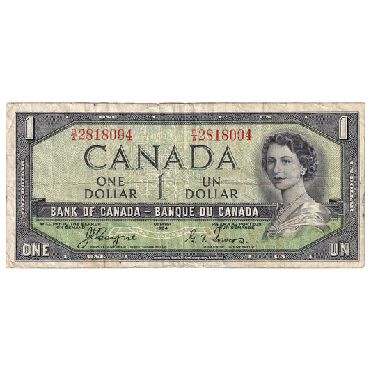BC-29a 1954 Canada $1 Coyne-Towers, Devil's Face, B/A, F-VF (dam'g)