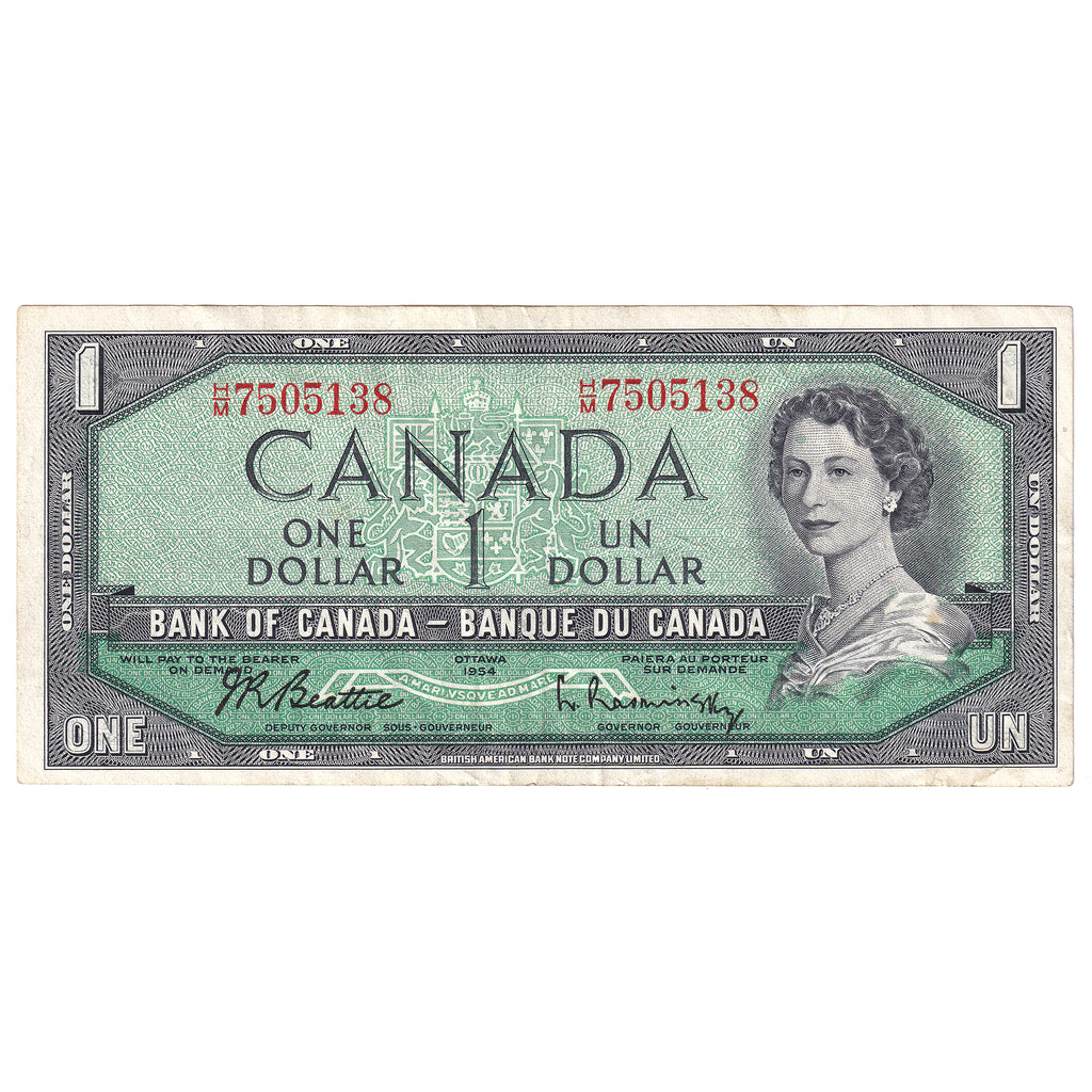 BC-37b-i 1954 Canada $1 Beattie-Rasminsky, H/M, VF (stain)