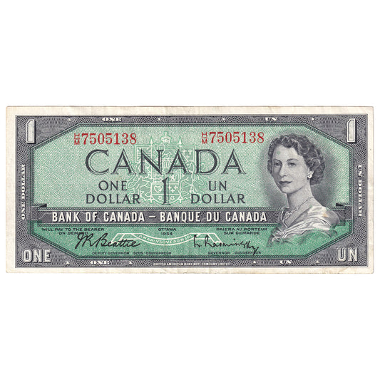 BC-37b-i 1954 Canada $1 Beattie-Rasminsky, H/M, VF (stain)