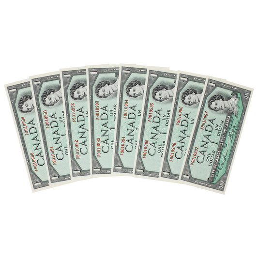 Lot of 8x Sequential BC-37d 1954 Canada $1 Lawson-Bouey, W/F, 8 Pcs.