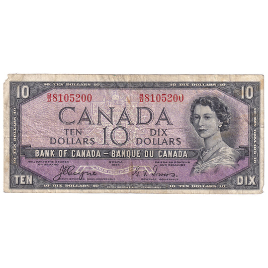 BC-32a 1954 Canada $10 Coyne-Towers, Devil's Face, B/D, VF (Holes, tears, or damaged)