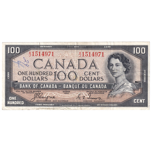 BC-35a 1954 Canada $100 Coyne-Towers, Devil's Face, A/J, VF-EF (writing)