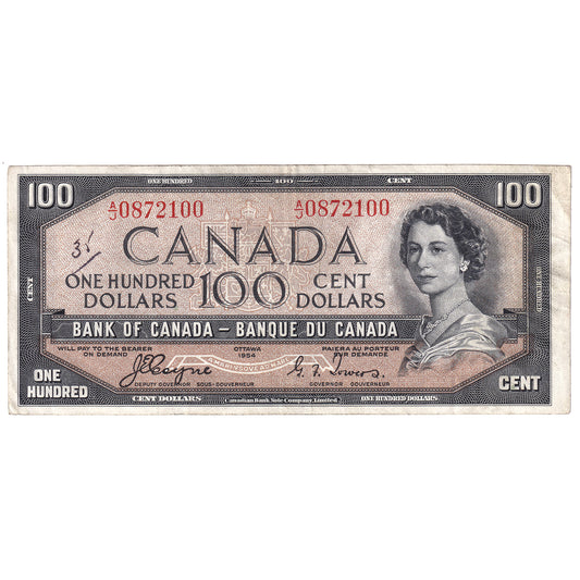 BC-35a 1954 Canada $100 Coyne-Towers, Devil's Face, A/J, VF (writing)