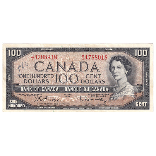 BC-43b 1954 Canada $100 Beattie-Rasminsky, B/J, EF-AU (writing)
