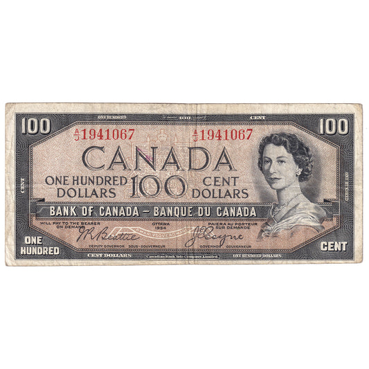 BC-35b 1954 Canada $100 Beattie-Coyne, Devil's Face, A/J, F-VF (stain)