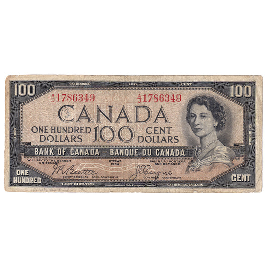 BC-35b 1954 Canada $100 Beattie-Coyne, Devil's Face, A/J, F (writing)