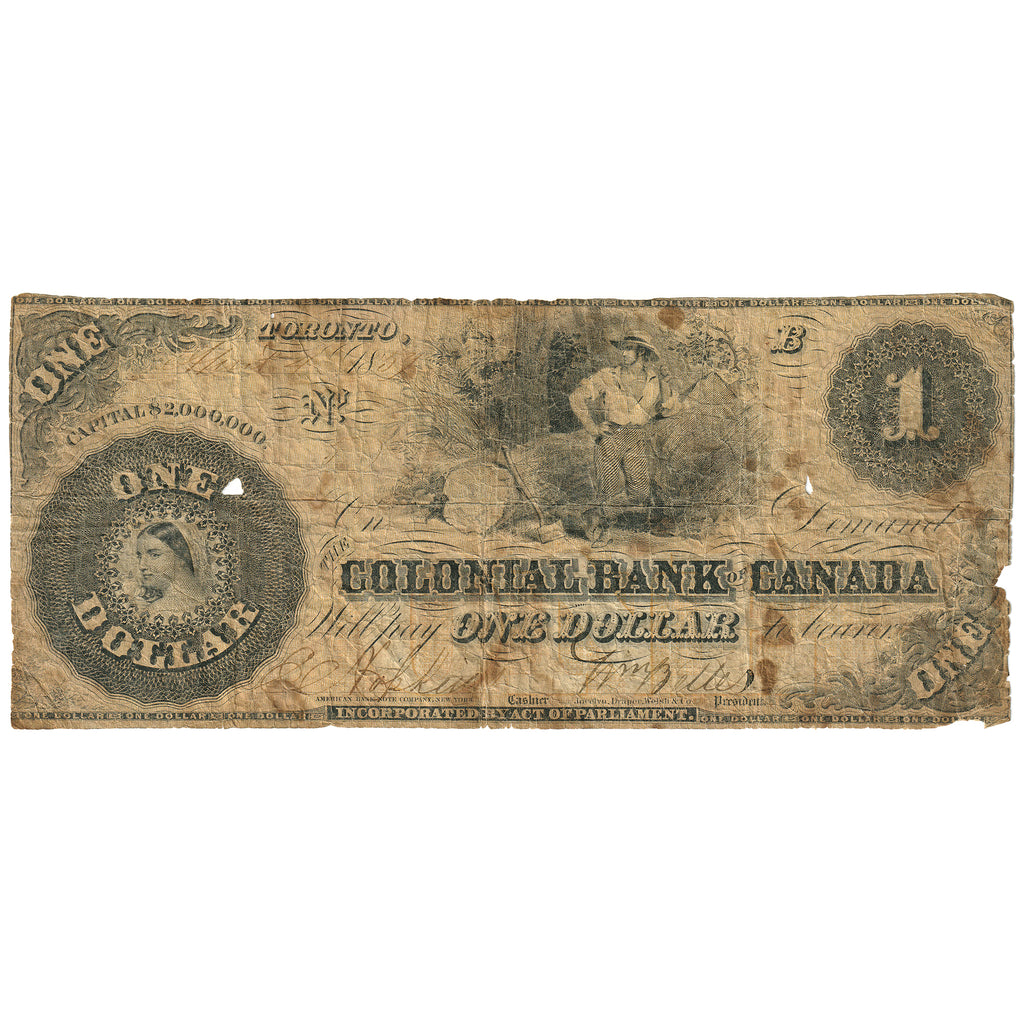 130-10-02-02 1859 Colonial Bank of Canada $1, Orange-Brown Tint, F (dam'g)